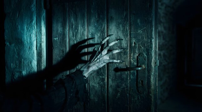 Spooky monster hand with long sharp claws reaching for an old wooden door in a dark, eerie room