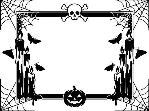 Halloween Gothic Frame with Skull and Crossbones Dripping Candles Spider Webs Moths and Jack-o-Lantern