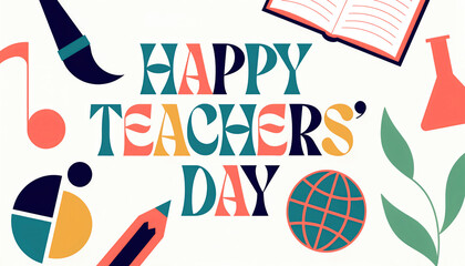 Obraz premium Vibrant colorful Teacher's Day graphics with educational icons and transparent background PNG