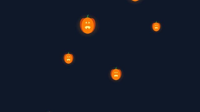 Cartoon pumpkins with glowing faces floating in a dark night sky, depicting a spooky Halloween atmosphere.