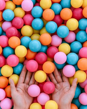Hands surrounded by colorful balls in playful composition