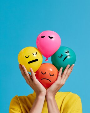 Person holding colorful balloons with different emotions