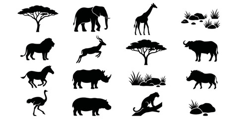 Fototapeta premium A beautiful silhouette collection showcases recognizable african wildlife including lions elephants giraffes and acacia trees on a simple white backdrop