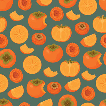 Seamless pattern flat vector featuring ripe persimmons in whole, sliced, bitten, halved, and dried forms, with vibrant orange tones and green calyxes.