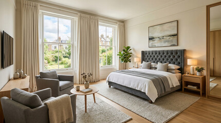 Fototapeta premium Modern and Elegant Bedroom Interior with Large Windows, Comfortable Gray Seating, and Neutral Decor for a Peaceful Atmosphere