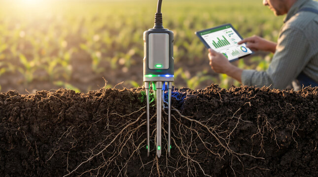 Illustration: High Tech Soil Microbiome Sensor Probe in Organic Farm for Precision Agriculture, AI generated image