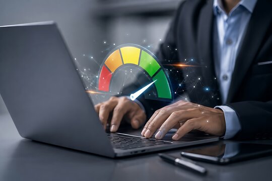 Performance speed meter on laptop screen, businessman optimizing website loading time, digital dashboard for business growth and efficiency