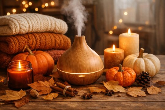 Autumn essential oil diffuser with pumpkins candles cinnamon and fall leaves on rustic table for thanksgiving background