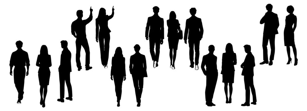 Set silhouettes of business people, men and women walking and standing; hands up, front and back views, vector image, black colors, isolated on a white background