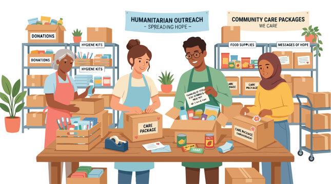 Diverse group of volunteers preparing humanitarian care packages at a food bank.
