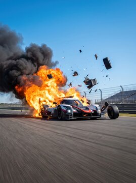 race car exploding on track during motorsport event. massive fire, black smoke and flying debris. high speed crash, dangerous accident, destruction concept. news report, blog with copyspace.