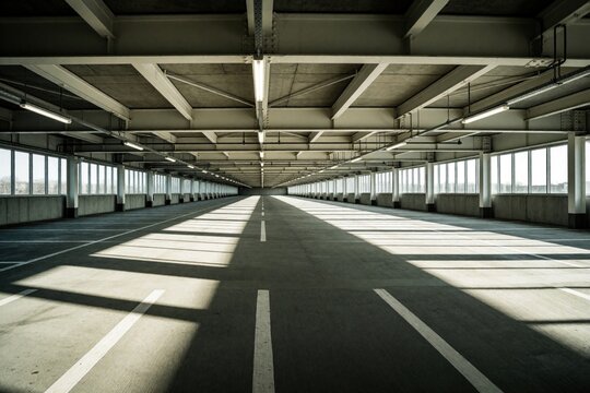 Vast empty concrete parking structure with rows of stalls, natural light streams through windows, casting long shadows. This indoor space has a road dividing lanes leading into distance.