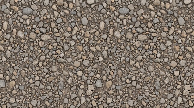 Seamless Texture of Small Natural River Stones and Pebbles on Dusty Earth Ground for Architectural Ground Cover Design