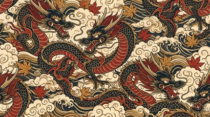 Fototapeta premium Intricate Seamless Pattern Featuring Traditional Asian Dragons Amidst Swirling Clouds and Autumn Maple Leaves in Vintage Style