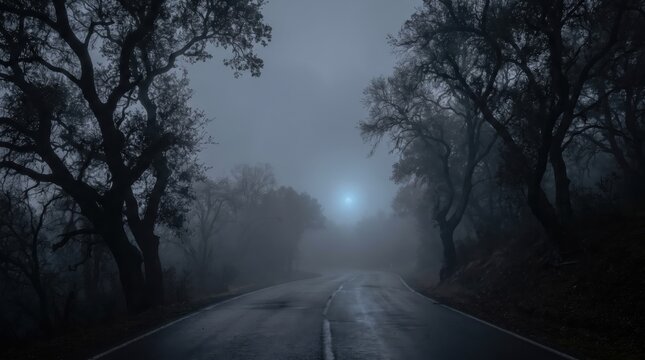 dark empty asphalt road winding through dense foggy forest at night. mysterious misty landscape with faint blue light. eerie cinematic background. book cover, banner, website header with copyspace.