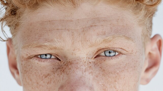 Close-up portrait of freckled red-haired boy with blue eyes