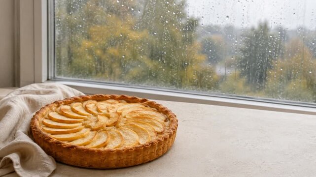 Freshly baked apple tart by a rainy window, cozy autumn food scene