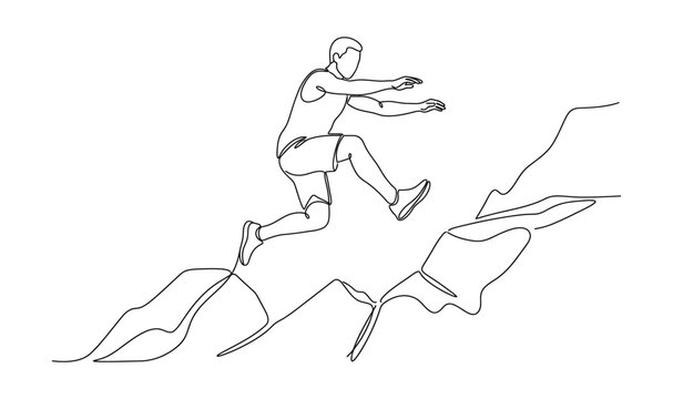 Continuous line drawing of a man jumping over a rocky gap.