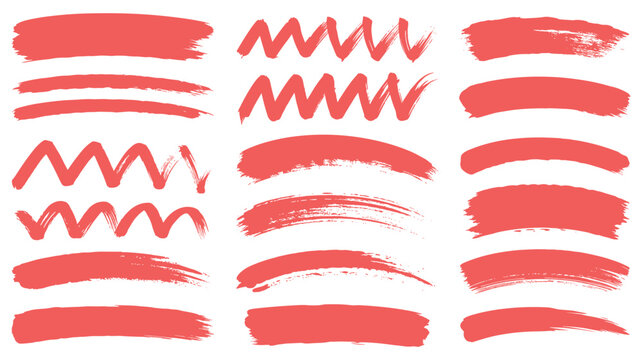 Collection of hand-drawn red paint brush strokes, wavy lines, zigzags, and curved swashes isolated on a white background, set