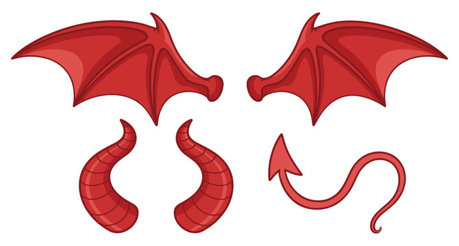 Red devil costume accessories including a pair of bat-like wings, two curved horns, and a pointed tail isolated on a white background