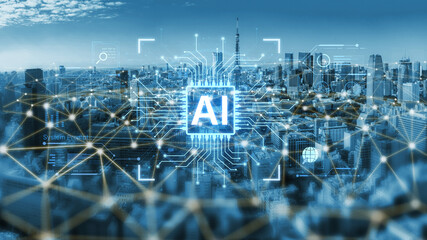 Naklejka premium A futuristic AI core processor and system analytics dashboard. This concept highlights the raw processing power of AI for deep data analysis, system diagnostics, and global network monitoring. Fermion