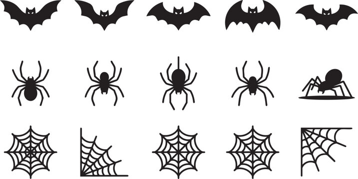 Black silhouettes of bats spiders and spiderwebs on a white background spider spiderweb halloween arachnid