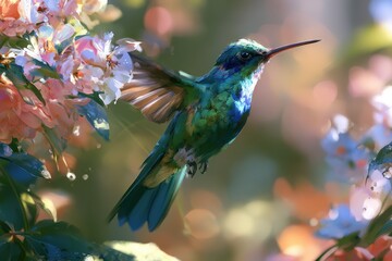 Naklejka premium Iridescent hummingbird among blossoms, painterly botanical portrait in warm spring light