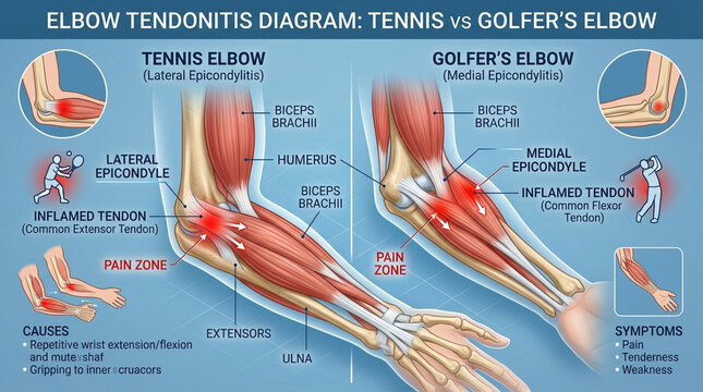 Medical Diagram Comparing Tennis Elbow and Golfer's Elbow Anatomy Symptoms and Pain Zones
