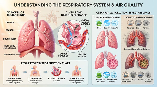 Human Respiratory System Anatomy and Air Quality Impact Educational Infographic