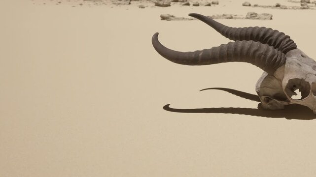A skull with large horns is seen on the sandy ground. The setting appears dry and barren, with rocks scattered around. The sun casts shadows on the surface.