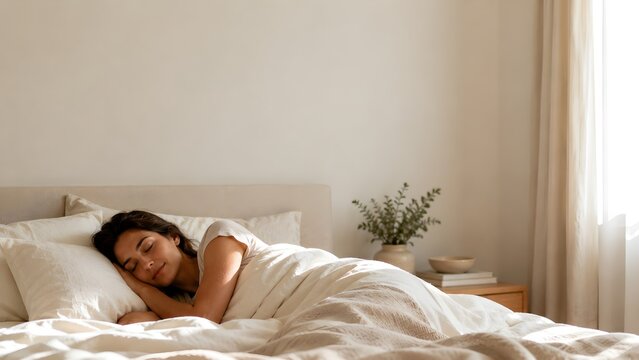 A peaceful young woman with dark hair sleeps soundly in a cozy bed in a bright bedroom.