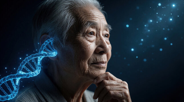 Elderly person with DNA helix near ear contemplates existence. Symbolizes aging, genetics, time passing, and life journey. Reflects on heritage and destiny.