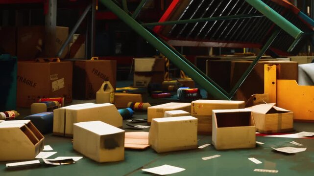 A warehouse has boxes stacked along the shelves. The floor is cluttered with opened boxes and items. Some boxes are marked fragile. Light comes in from the side.