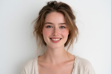 Fototapeta premium Joyful studio portrait of a young woman with fair hair, casual outfit, soft smile against a clean white backdrop