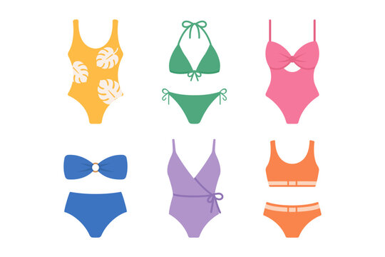Collection of six colorful women&rsquo;s swimwear designs, including bikinis, one-piece swimsuits, and a sporty two-piece set, isolated on white background. Flat vector illustration.