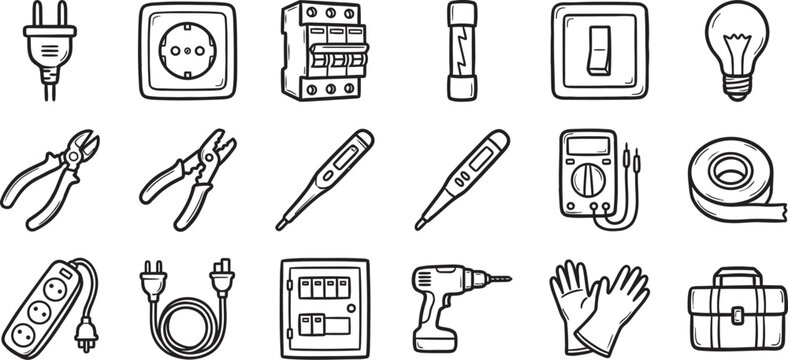 Set of electrical wiring tools and equipment hand drawn icons with electrical