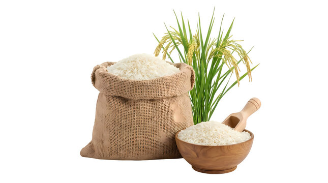 Sack of white rice with wooden bowl and scoop near green rice plant for cooking.