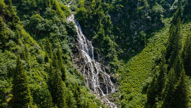 Aerial view of the Transfagarasan waterfall cascading down a rocky cliff surrounded by dense pine forests and lush green mountain slopes in Curtea de Arges, Judetul Arges, Romania.