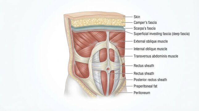 The layers of abdominal fascia and key muscles in the human body. It highlights important connective tissue structures.