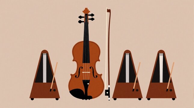 Minimalist illustration of brown violin with bow, three metronomes. Musical instruments set isolated on plain background. Classical music concept for orchestra performance studio practice. Simple