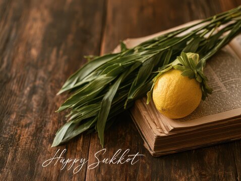 Sukkot celebration with etrog and lulav on wooden surface