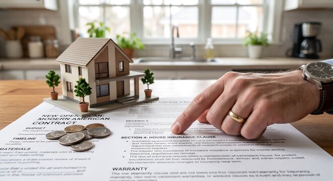 A hand pointing at a house insurance clause on a contract next to a miniature house model and a small stack of coins on a wooden table