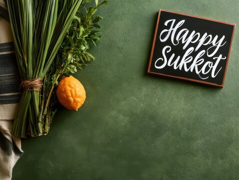 Sukkot celebration with etrog and lulav bundle on gray background