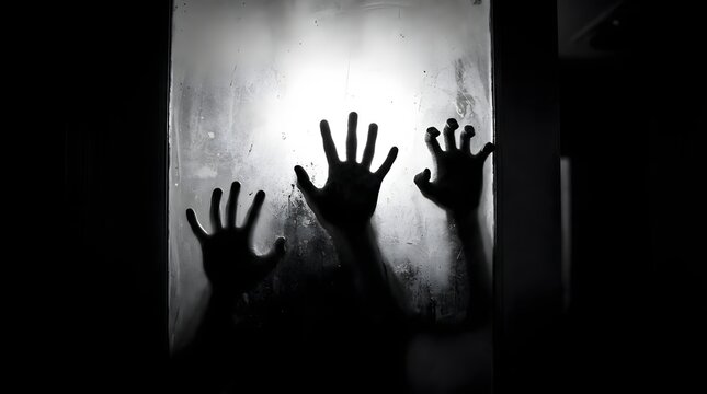 Scary silhouettes of hands pressing against a foggy frosted glass window, horror and thriller concept
