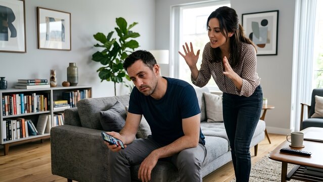 Couple having an argument at home with the man looking at his phone and the woman gesturing expressively