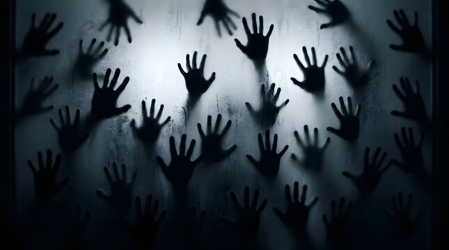 Spooky silhouettes of hands pressing against a wet, misty glass window in the dark