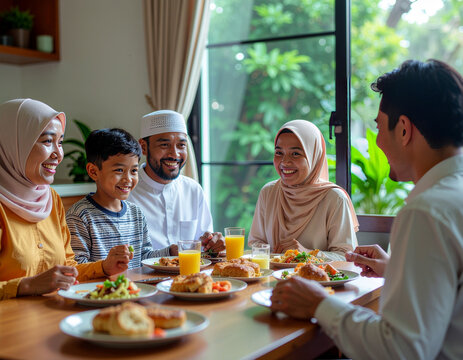 Happy Muslim Family Having Iftar Dinner Together at Home During Ramadan Celebration with Joyful Smile