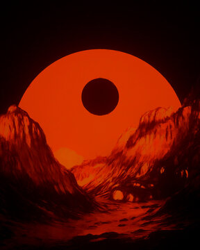 Stark Crimson Sci-Fi Mountain Landscape With Total Eclipse And Giant Red Sun