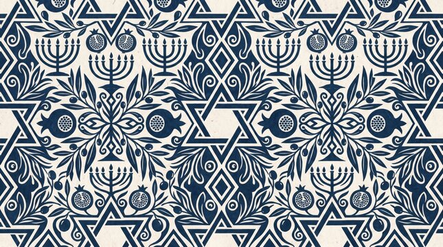 Blue and White Jewish Heritage Seamless Pattern Featuring Star of David Menorah and Pomegranate Motifs for Religious Holiday Decoration
