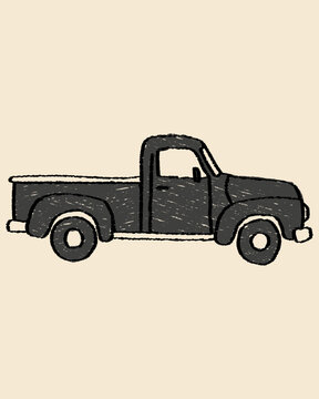 Hand Drawn Vintage Pickup Truck in Side View with Rough Sketch Texture on Beige Background